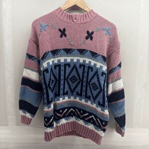 Vintage AJ Brandon Pastel Geometric Flowers Sweater 80s Womens Size M